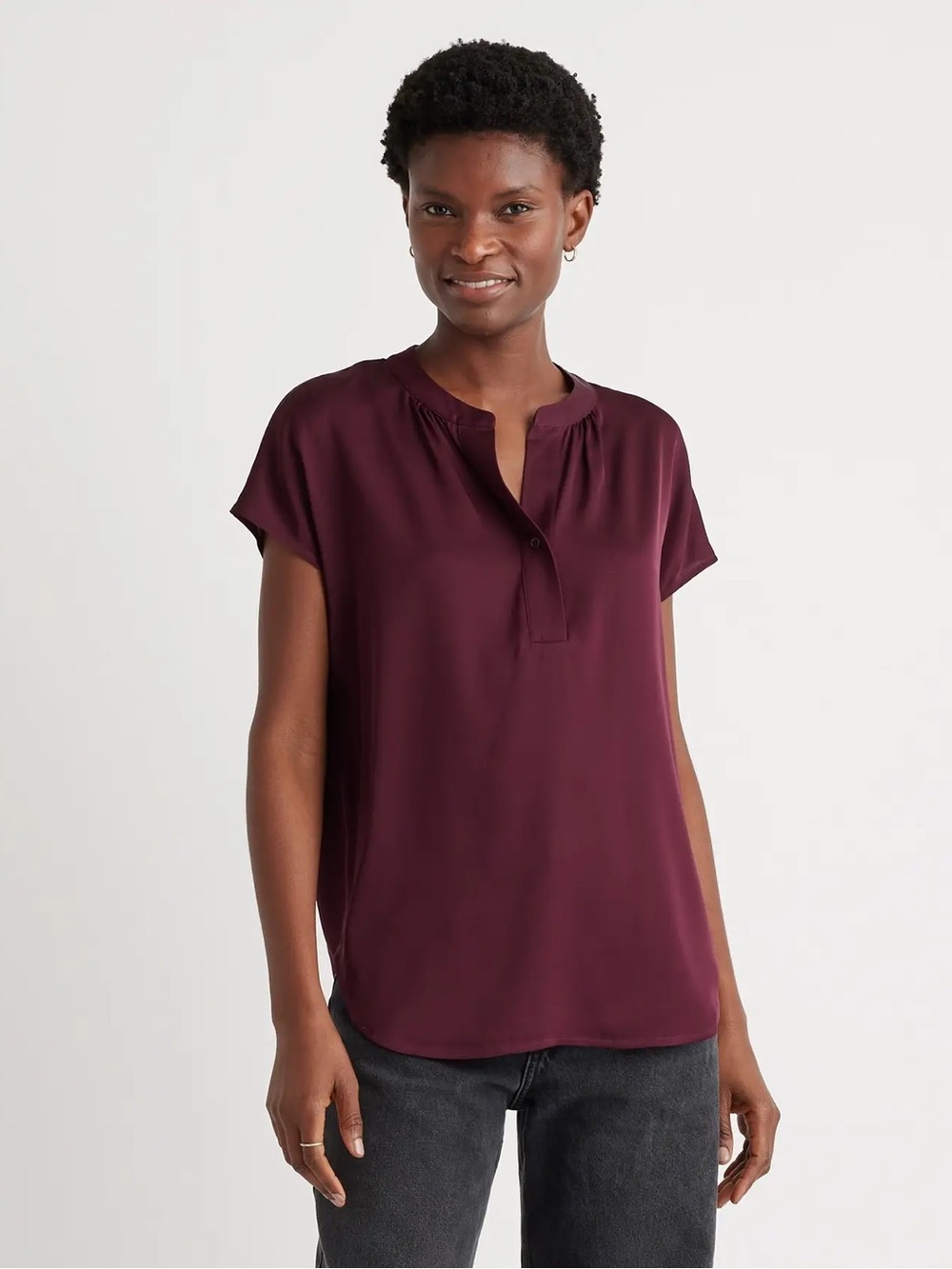 Quince Washable Stretch Silk Dolman Sleeve Blouse in Wine Tasting Red- Sz XL
